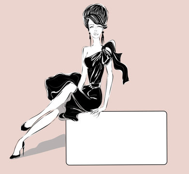 Black and white fashion woman with business card
