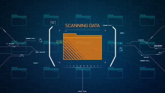Abstract animation of a laptop being scanned for computer viruses and other threats 