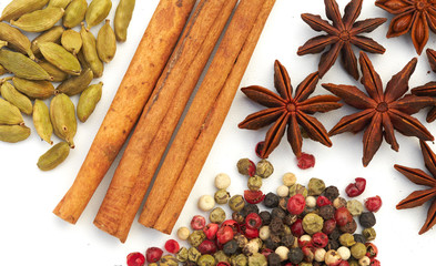 Assortment spices on white background
