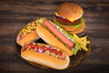Fast food - Hot dogs, hamburger and French fries 