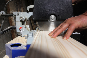 Circular Saw. Carpenter Using Circular Saw for wood