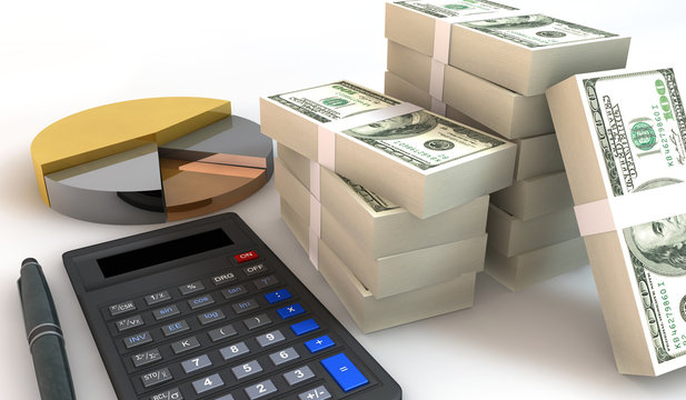 3d Business concept, Business pie and 100 dollar bill with Calcu
