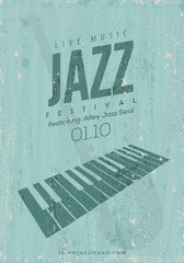 Vector Vintage Jazz music poster template. Hand drawn stylized keyboard and sax illustration. Texture effects can be turned off.