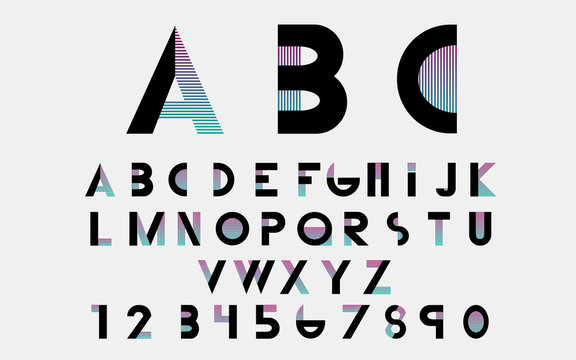 Black alphabetic fonts and numbers with color lines. Vector illustration.