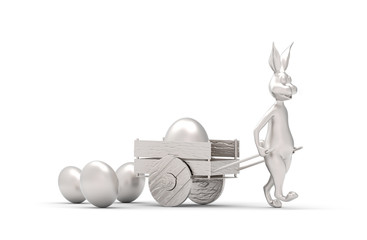 Srebrny królik wiozący na wózku jajko - obrazy, fototapety, plakaty