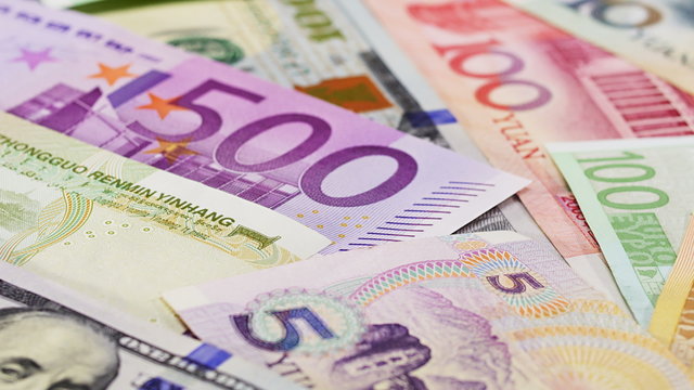 Main word currency Yuan, US Dollar and Euro bank notes business background, sliding video