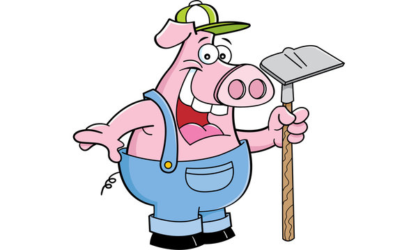 Cartoon illustration of a pig in overhauls holding a sign.