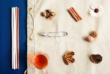 Flat lay tea acessories set.