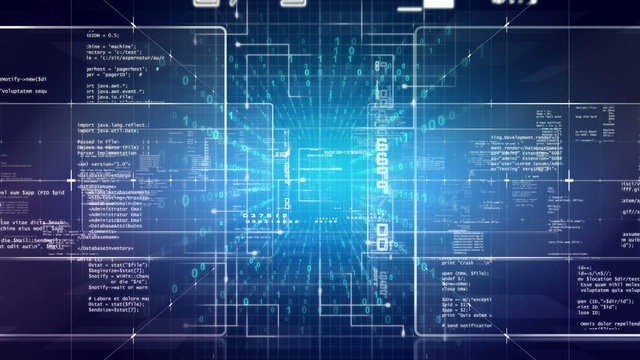 Camera moves through pieces of software source code