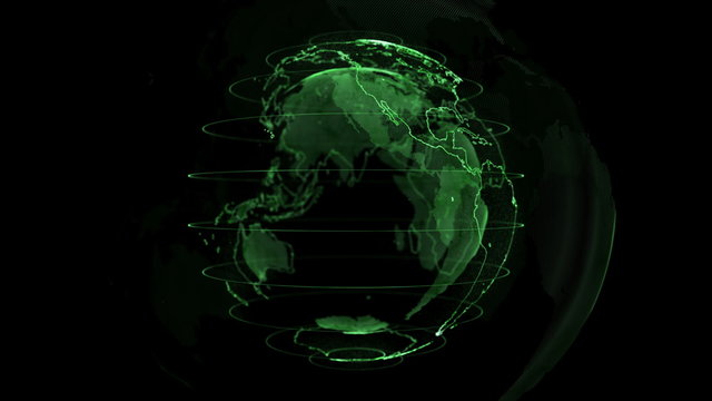 Digital Green shinny globe of Earth. Rotation of glossy planet with glowing particles. 3D animation of space with digital exploding Earth, Abstract world map background for news intro. full hd and 4K.