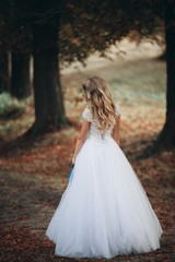 Luxuty portrait of blonde bride with bridal bouquet in autumn