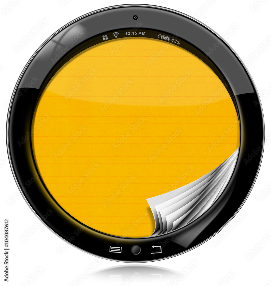 Poster round tablet computer isolated on white / round black tablet computer with empty yellow pages in the