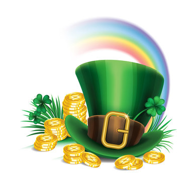 St. Patrick's Day green leprechaun hat with clover, gold coins