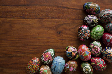 traditional easter eggs on wooden table