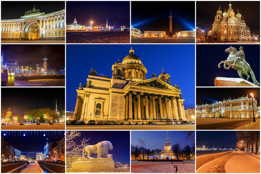 Night St. Petersburg in winter. a collage of tourist attractions