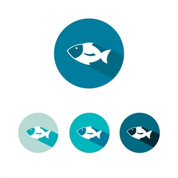 Iconos peces blancos con sombra aislados sobre círculos azules. Ilustración vectorial