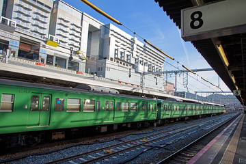 Green JR train at Kyoto  station.