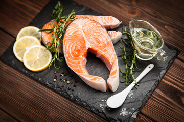 Fresh salmon on old wood