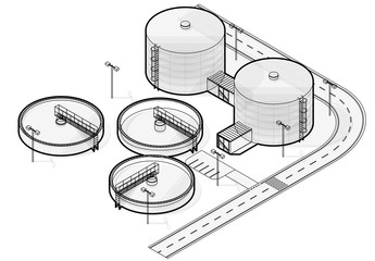 Water treatment isometric building info graphic, big wire bacterium purifier factory on white background. Scientific illustration. Industrial chemistry cleaner set. Flatten isolated master vector.