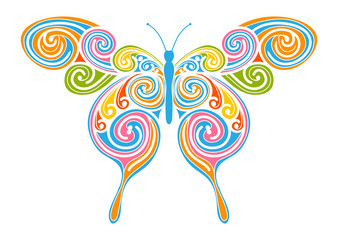 Dekoratives Vektor Element - bunter, abstrakter Schmetterling mit Spiral Muster. Design Vorlage für Grußkarten und Hintergründe. Frühling, frische Farben.