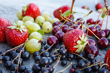 Mix of fresh and juicy cherries, black currant, strawberries and gooseberries in the summer garden on a grey stone