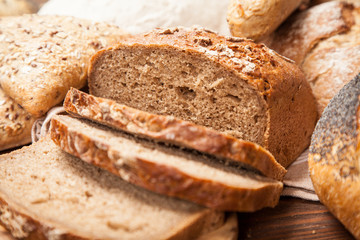 Bread assortment on wooden surface