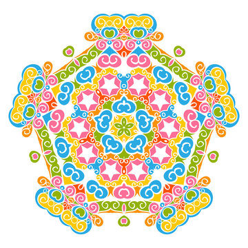 Colorful Abstract Decorative Vector Mandala Pattern with Bright and Fresh Springtime Colors. Isolated on White Background. Bloomy and Ornate Motif and Design Elements for Greeting Card Backdrops.