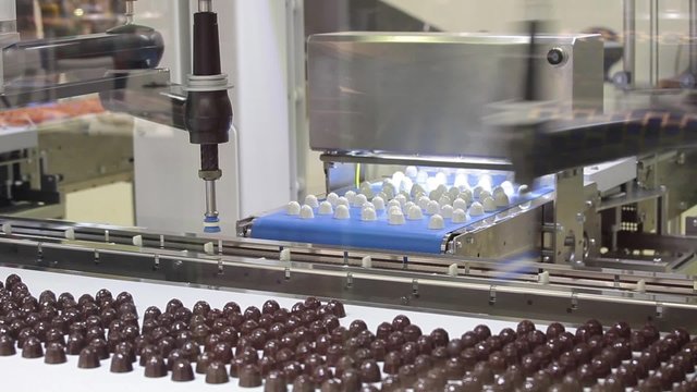 Picker line for chocolate bears, cookies, candies. Close up working process of transporter equipment 