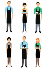 Vector set of waiters, girls and men with trays on their hands. 
