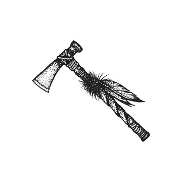 Naklejki hand drawn indian tomahawk vintage illustration.