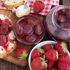 Strawberry, overhead view on healthy breakfast with strawberry jam