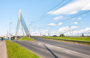 Suspension bridge on the river Daugava of Riga, Latvia