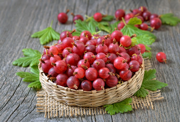 Gooseberries in basket on wooden table