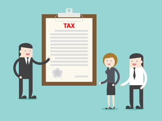 Executive explain about TAX to businessman businesswoman.  Flat design for business financial marketing banking advertising commercial web minimal concept cartoon illustration.