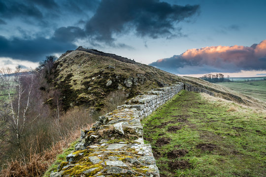 Hadrian's Wall above Cawfield Crags on the Pennine Way walking trail