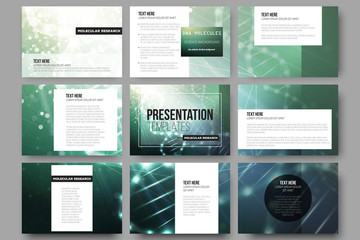 Set of 9 vector templates for presentation slides. DNA molecule structure on a green background. 