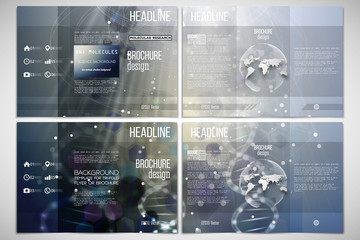 Vector set of tri-fold brochure design template on both sides with world globe element. DNA molecule structure, blue background.