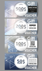 Set of modern gift voucher templates. Abstract blurred vector background with triangles, lines and dots