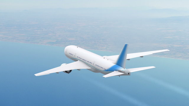 Commercial jet airplane flies at high altitude above the sea