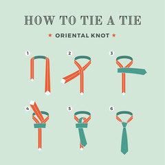 Instructions on how to tie a tie on the turquoise background of the eight steps. Oriental knot . Vector Illustration.