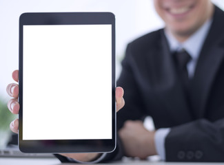Male hands hold digital tablet with isolated screen