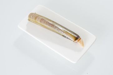 Raw razor-shell on a white dish.