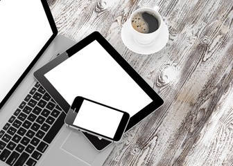 Laptop, phone, tablet pc and coffee.
