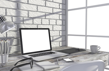 Fototapeta premium 3D illustration laptop and work stuff on table near brick wall, Workspace