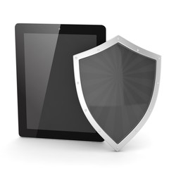 Tablet PC and shield on white device security concept