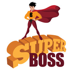 
Male Super Boss standing heroically on 3d comic book text.