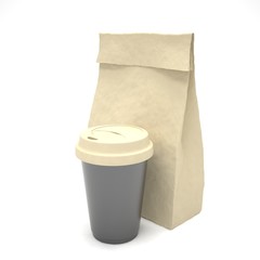 Coffee to go and lunch bag, on white.