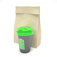 Coffee to go and lunch bag, on white.