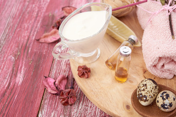 Composition of spa treatment on wooden background
