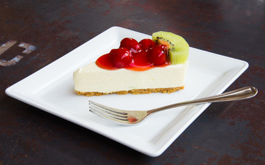 Cookie Cheesecake, Jam strawberries and kiwi fruit.